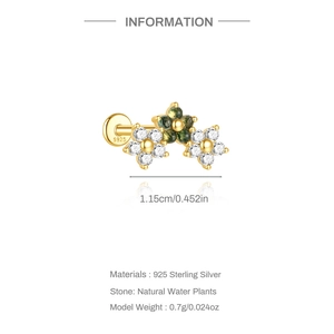 Detailansicht von S925 Silber Blumenohrring mit natürlichem Moosachat und Zirkonia Steinen