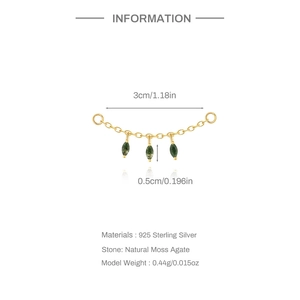 Detailed specs of S925 silver earring chain with natural moss agate marquise stones
