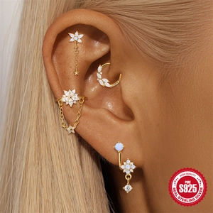 S925 sterling silver marquise zircon flower and blue opal earring set on female model