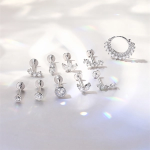 Set of 9 silver S925 sterling silver piercing rings with clear zircon stones on white
