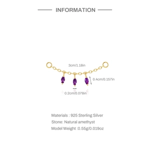 Macro detail of S925 silver gold-plated connector with marquise natural amethysts