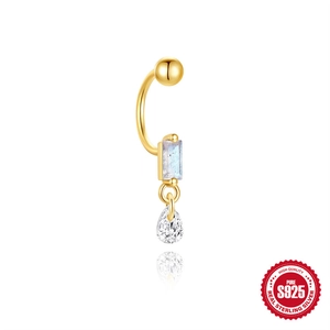S925 sterling silver curved barbell with moonstone and pear-shaped zircon drop