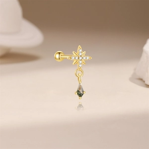 Detail of s925 gold-plated star earring with white zircon and green moss agate stone