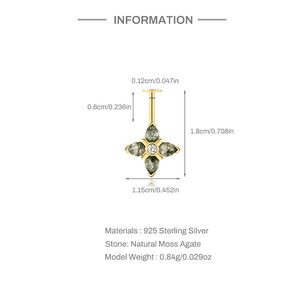 Detail von S925 Silber Blumenstecker mit Moosachat Steinen und Abmessungen