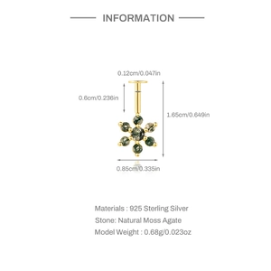 Makroaufnahme von S925 Silber Blumenstecker mit vergoldung und Moosachat-Natursteinen