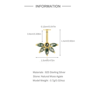 Größeninformationen für S925 Silber Moosachat Blumenpiercing mit Abmessungen