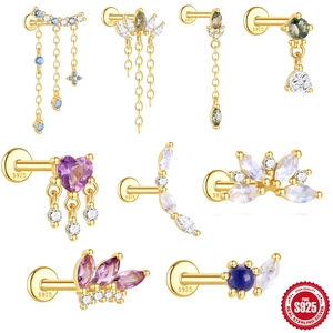 925 Sterling Silber Helix Piercing Stecker Für Damen Natürlicher Amethyst Mondstein Achat Lapislazuli Quaste Ohrknorpel Ohrstecker Gold Vergoldet Schmuck