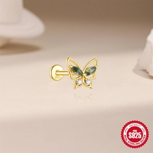 S925 Sterling Silber Schmetterling Ohrstecker mit grünem Moosachat und Zirkonia