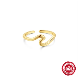 Minimalist S925 sterling silver wavy open toe ring in gold finish with fluid design