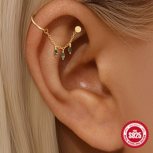 S925 Sterling Silver ear cuff with gold chain and emerald green marquise cut gemstones
