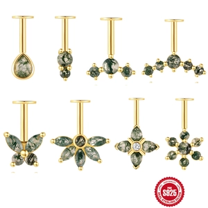 925 Sterling Silber Knorpel Ohrstecker Natur Moosachat Zirkon Blume Schmetterling Flache Rückseite Piercing Schmuck Damen