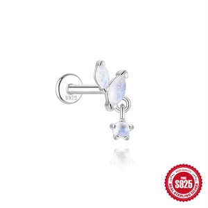 S925 sterling silver flat back stud earring with moonstone star and leaf design