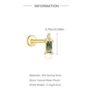 Macro λεπτομέρεια από ασήμι S925 σκουλαρίκι labret με πράσινο αχάτη και πέτρες ζιργκόν