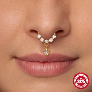 S925 sterling silver septum ring with zircon stones and a delicate star shaped pendant