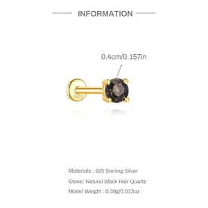 Detail of s925 silver earring featuring natural black rutilated quartz in 4-prong setting