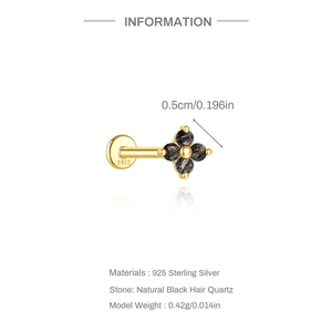 Detail of s925 silver clover stud with natural black hair quartz and S925 hallmark