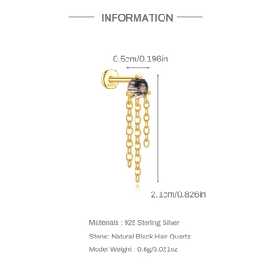 Detail of s925 silver stud with black hair quartz and three hanging gold chains