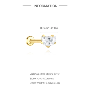 Macro view of S925 silver crown stud with zircon leaf detail and product specifications