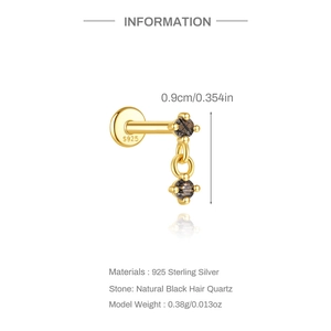 Detailed view of S925 sterling silver black rutilated quartz earring with 0.9cm size mark