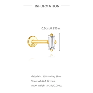 Specifications of S925 sterling silver labret stud with rectangular AAAAA zirconia stone