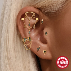 S925 Sterlingsilber Gold Ohrringe Set mit Quarzsteinen und langen hängenden Ketten