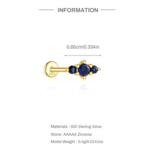Detail of S925 sterling silver ear stud with blue zircon gems and flat back post