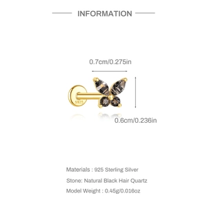 Macro detail of silver butterfly stud earring with black quartz and dimensions