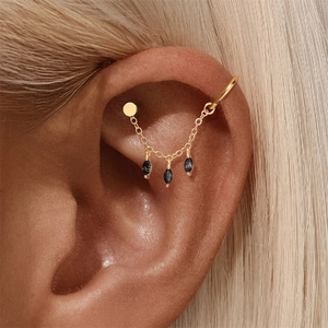 Detail von S925 Silber Gold Quastenohrring mit schwarzem Rutilquarz am Modellohr