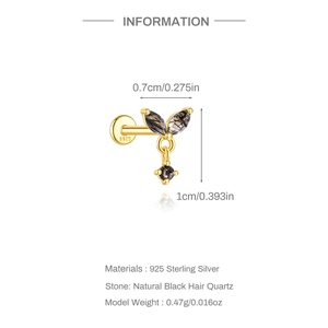 Detailed view of S925 silver gold-plated earring with marquise black rutilated quartz