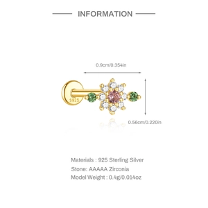 Detail of 925 sterling silver flower stud with pink and green zirconia and S925 hallmark