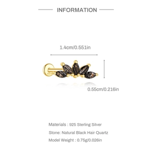 Detailed macro view showing S925 sterling silver ear stud dimensions with black rutilated quartz