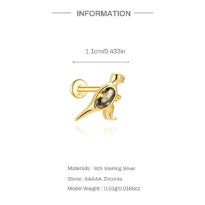 Detail of S925 sterling silver dinosaur stud earring with green zircon and dimensions