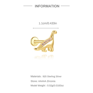 Detail of gold dinosaur stud earring showing S925 hallmark and pink zirconia settings