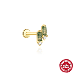 Elegant S925 sterling silver gold stud with green moss agate and round zircon stones