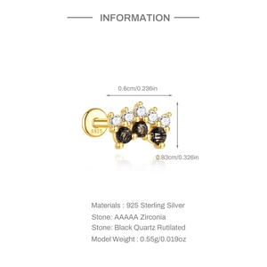 Spécifications de taille pour clou d'oreille couronne en argent S925 et quartz rutilé noir