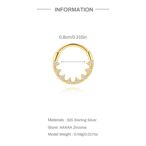 Detail showing 925 silver nose ring specifications with 5A zircon and 0.8cm inner diameter