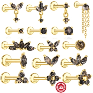 925 Sterling Silver Natural Black Rutilated Quartz Stud Earrings Gold Plated Marquise Tassel Ear Cartilage Piercing Labret Jewelry For Women