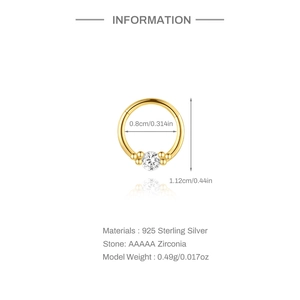 Detail of 925 sterling silver gold nose ring with AAAAA zirconia and size measurements