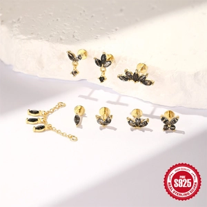 7-piece S925 sterling silver earring set with black marquise cut gemstones and long chains