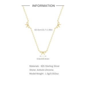Détail du collier noeud en argent 925 avec zircons AAAAA et dimensions de la chaîne