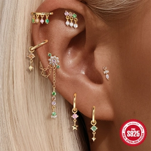 S925 sterling silver dinosaur earrings set with colorful zircon and chain charms