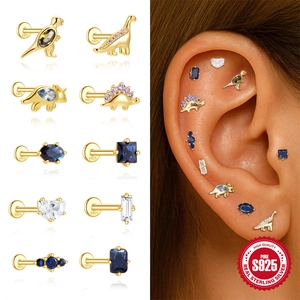 S925 sterling silver dinosaur and geometric stud earrings set with colorful zircons