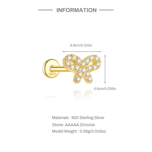 Detailed specs of S925 sterling silver bow cartilage stud with zircon and dimensions