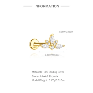 Detail of 925 sterling silver lotus stud earring with AAAAA zirconia and dimensions