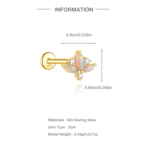 Macro detail of S925 sterling silver opal bow stud with size specifications