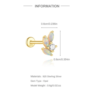 Detailed S925 sterling silver opal leaf labret stud earring with technical dimensions