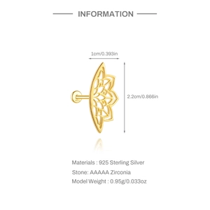 Macro detail of S925 sterling silver lotus earring with AAAAA zirconia and dimensions