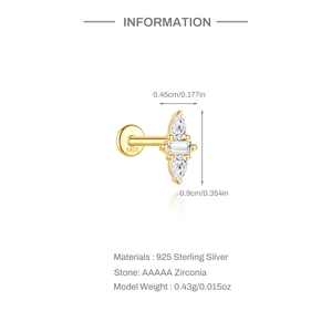 Macro view of gold S925 silver stud with AAAAA zircons and size specifications