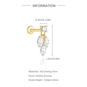 Detail of S925 sterling silver bow piercing stud with AAAAA zirconia and dimensions