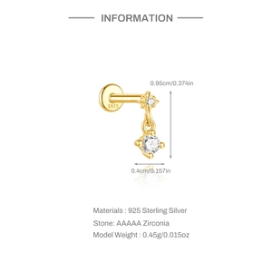 Detail of S925 sterling silver bow piercing stud with AAAAA zirconia and dimensions